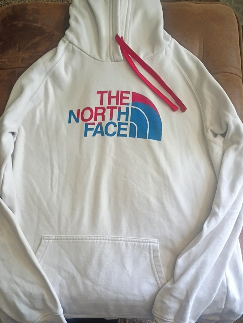 The North Face White Crewneck Hoodie with Red Drawcord & Blue/Red Logo